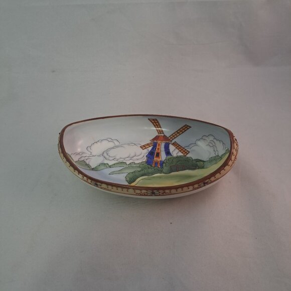 Nippon Hand Painted Porcelain Boat Shaped Dish Windmill Scene Accent - Picture 13 of 13